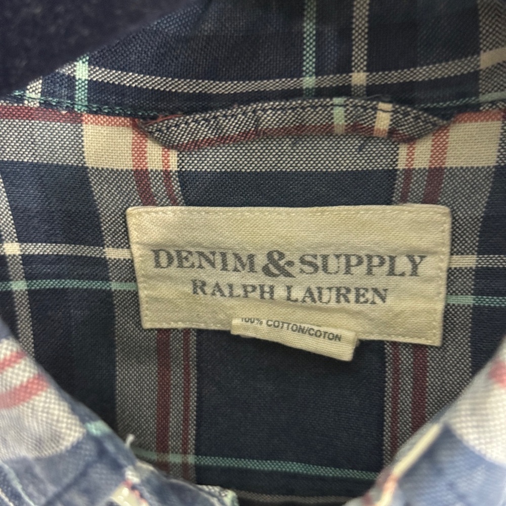 VintageDenim & Supply Ralph Lauren Navy Plaid Button-Down Shirt with Red Accents